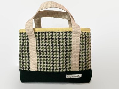 Small Upcycled Tote Bag, Green Houndstooth Wool with Lining - image1